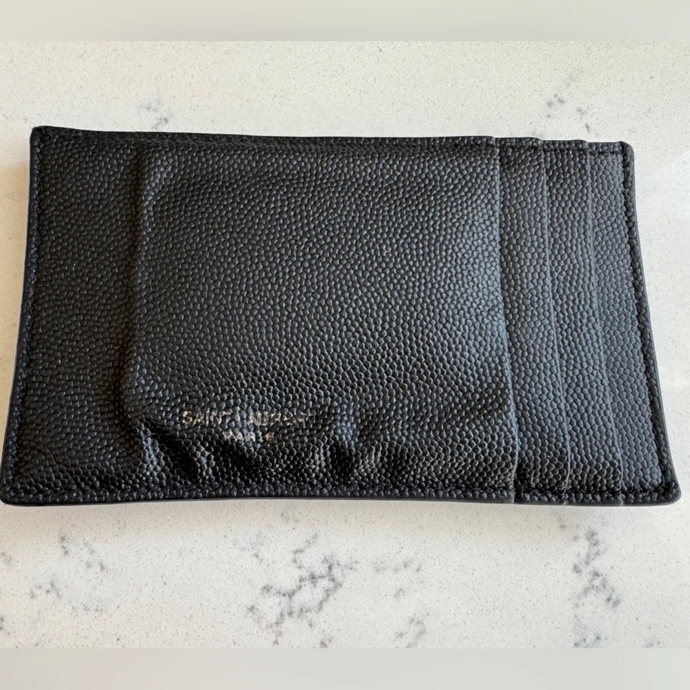 Saint Laurent (YSL) Unisex Pebbled Leather Card Holder in Black